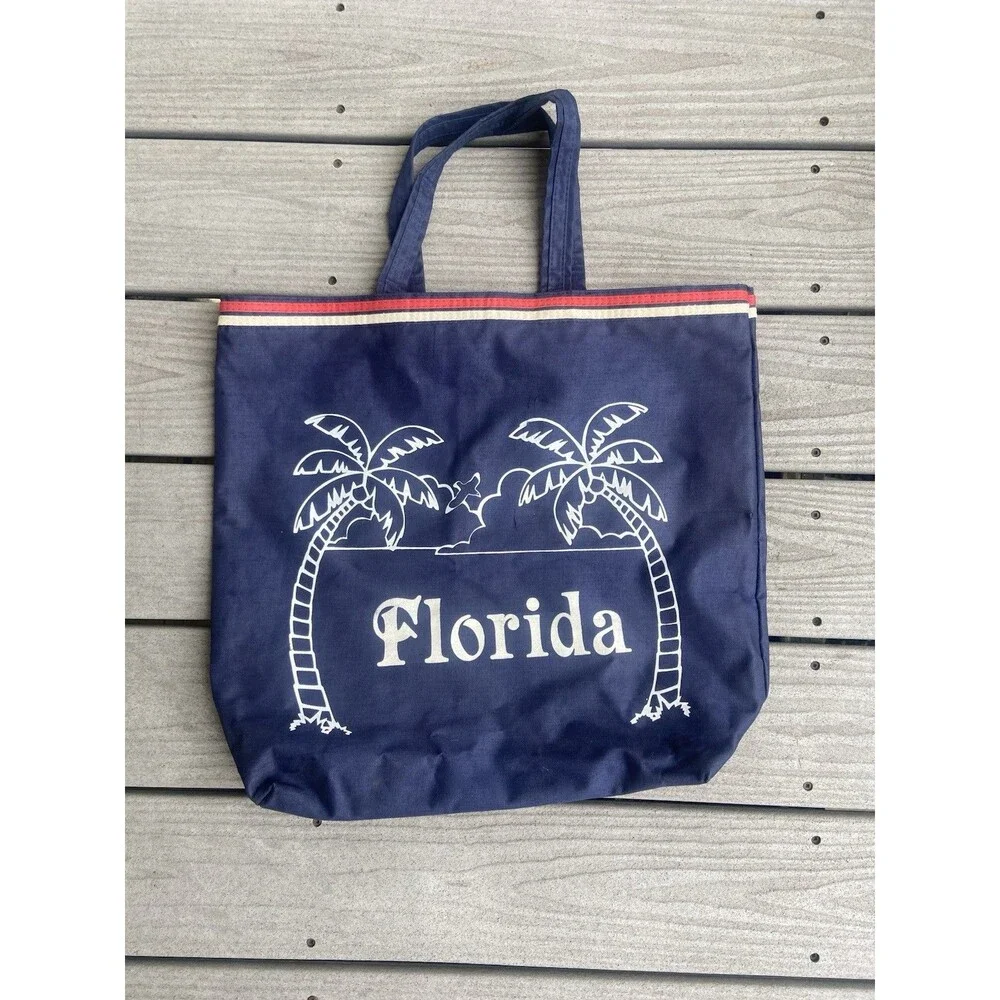 Vintage Florida Beach Tote Bag Navy Palm Trees Travel Souvenir Zip Pocket USA